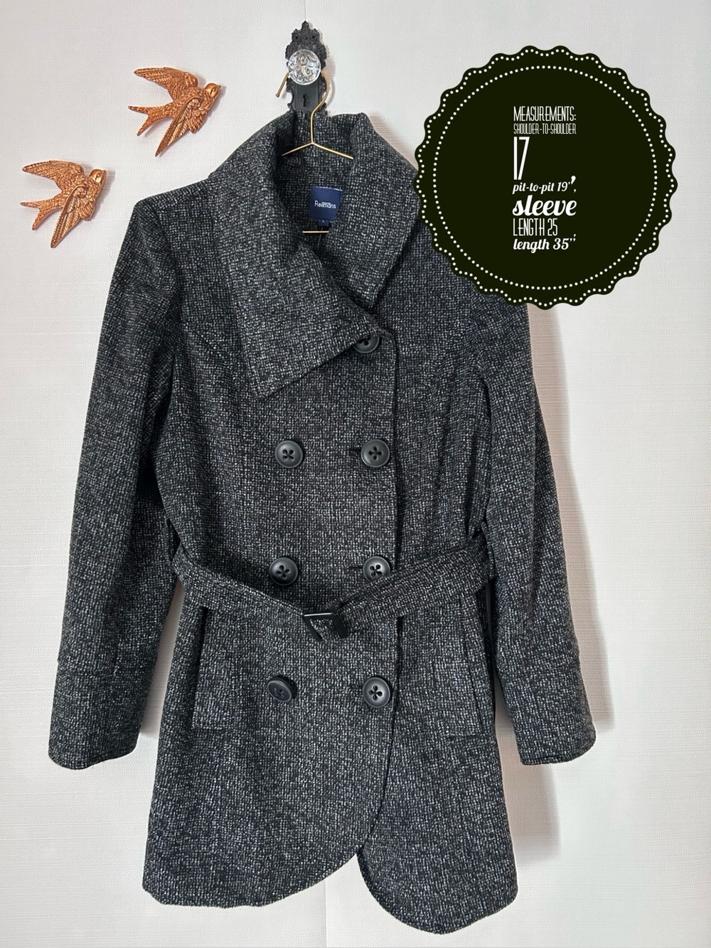 NWT Reitmans Belted Double-Breasted Heathered Pea Coat